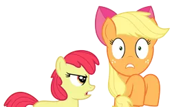 Size: 2885x1798 | Tagged: accessory theft, apple bloom, apple bloom's bow, applejack, artist:comfydove, bow, caught, dead source, derpibooru import, female, hair bow, safe, siblings, simple background, sisters, transparent background, vector