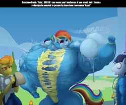 Size: 1512x1267 | Tagged: anthro, artist:toonpower, clothes, derpibooru import, fetish, flexing, growth, misspelling, muscle expansion, muscle fetish, muscles, overdeveloped muscles, rainbow dash, rainbuff dash, ripping clothes, safe, soarin', spitfire, uniform, wardrobe malfunction, wonderbolts uniform