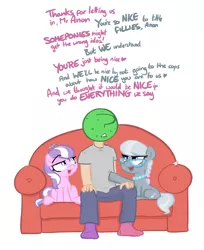 Size: 834x1023 | Tagged: source needed, useless source url, suggestive, artist:shoutingisfun, derpibooru import, diamond tiara, silver spoon, oc, oc:anon, earth pony, human, pony, anon's couch, blackmail, clothes, couch, dialogue, extortion, female, filly, foaldom, implied foalcon, male, mismatched socks, open mouth, reverse foalcon, socks, sweat