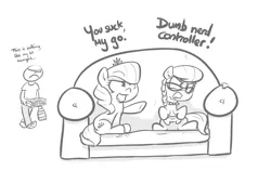 Size: 1032x652 | Tagged: safe, artist:shoutingisfun, derpibooru import, diamond tiara, silver spoon, oc, oc:anon, earth pony, human, pony, anon's couch, bad end, bebsi, clothes, couch, dialogue, female, filly, foaldom, food, grayscale, human male, jewelry, male, monochrome, necklace, open mouth, pearl necklace, pizza, unsexy slavery, video game