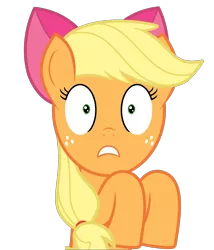 Size: 1500x1750 | Tagged: accessory theft, apple bloom's bow, applejack, artist:comfydove, bow, caught, cropped, derpibooru import, edit, hair bow, safe, simple background, solo, transparent background, vector, wide eyes