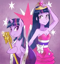 Size: 600x638 | Tagged: safe, artist:tzc, derpibooru import, twilight sparkle, twilight sparkle (alicorn), alicorn, pony, equestria girls, breasts, cleavage, female, human ponidox, scepter, self paradox, self ponidox, twilight scepter