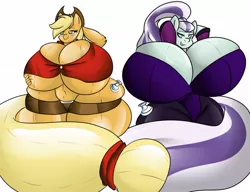 Size: 1280x985 | Tagged: suggestive, artist:mad'n evil, derpibooru import, applejack, coloratura, anthro, air nozzle, ass, bedroom eyes, big breasts, blushing, breasts, busty applejack, busty coloratura, butt, cleavage, clothes, countess coloratura, female, hat, huge breasts, huge butt, huge tail, impossibly large breasts, impossibly large butt, inflatable, inflatable anthro mare, inflation, large butt, mane, rubberquestria, story included, tail