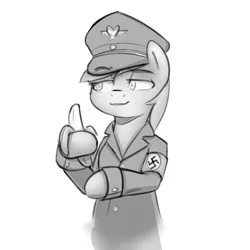 Size: 1000x1000 | Tagged: safe, artist:khorme, derpibooru import, oc, oc:aryanne, unofficial characters only, pony, armband, banana, bipedal, black and white, clothes, food, fruit, grayscale, hat, holding, it's always sunny in philadelphia, monochrome, nazi, sketch, solo, swastika, uniform