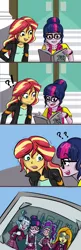 Size: 600x1849 | Tagged: safe, artist:kul, derpibooru import, adagio dazzle, aria blaze, sci-twi, sonata dusk, sunset shimmer, twilight sparkle, equestria girls, rainbow rocks, ><, album, alternate costumes, alternate hairstyle, canterlot high, clothes, comic, crystal prep academy uniform, device, disguise, eyes closed, female, glasses, goggles, laboratory, magic capture device, nerddagio, photo, question mark, school uniform, shaking, staircase, story included, the dazzlings, xk-class end-of-the-world scenario