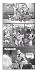 Size: 665x1289 | Tagged: suggestive, artist:pencils, derpibooru import, spike, twilight sparkle, twilight sparkle (alicorn), oc, oc:anon, alicorn, dragon, human, pony, comic:anon's pie adventure, barefoot, comic, eating, fallout, feet, female, hilarious in hindsight, human male, itchy, male, mare, meme, monochrome, nudity, sitting, the thinker, what do
