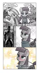 Size: 665x1222 | Tagged: suggestive, artist:pencils, derpibooru import, marble pie, maud pie, oc, oc:anon, earth pony, human, pony, comic:anon's pie adventure, blushing, comic, ear blush, female, frown, heavy breathing, human male, male, mare, maud spies something hard, meme origin, monochrome, muscles, nudity, open mouth, pointing, stupid sexy anon, worried