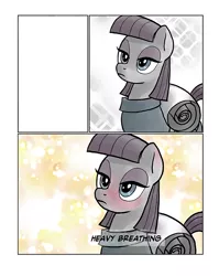 Size: 664x833 | Tagged: safe, artist:pencils, derpibooru import, edit, maud pie, earth pony, pony, comic:anon's pie adventure, blushing, comic, exploitable meme, heavy breathing, maud spies something hard, meme, solo, template