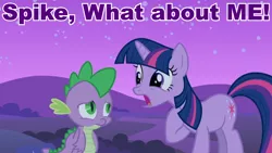 Size: 960x540 | Tagged: caption, derpibooru import, image macro, meme, owl's well that ends well, purple text, safe, screencap, spike, text, twilight sparkle