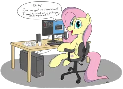 Size: 2536x1840 | Tagged: safe, artist:rapidstrike, derpibooru import, fluttershy, pegasus, pony, chair, computer, cute, desk, flutterhacker, hacker, if that's okay with you, linux, looking at you, looking back, open mouth, shyabetes, sitting, smiling, solo