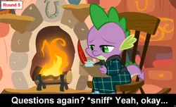 Size: 1600x973 | Tagged: blanket, caption, clothes, comic:celestia's servant interview, cs captions, derpibooru import, dragon, fireplace, interview, male, quill, rocking chair, safe, slippers, solo, spike