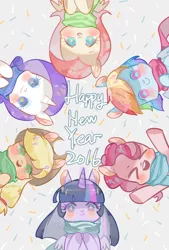 Size: 1181x1748 | Tagged: safe, artist:kura, derpibooru import, applejack, fluttershy, pinkie pie, rainbow dash, rarity, twilight sparkle, twilight sparkle (alicorn), alicorn, pony, ><, blushing, clothes, eyes closed, female, happy new year, happy new year 2016, holiday, mane six, mare, on back, scarf, scarves, simple background, starry eyes, wingding eyes