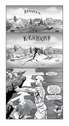 Size: 665x1207 | Tagged: safe, artist:pencils, derpibooru import, marble pie, maud pie, oc, oc:anon, earth pony, human, pony, comic:anon's pie adventure, awesome, barn, comic, female, holy shit, human male, male, mare, monochrome, super strength