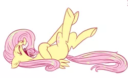 Size: 697x429 | Tagged: safe, artist:jowybean, derpibooru import, part of a set, fluttershy, faic, jowybean's series, laughing, on back, open mouth, reaction image, simple background, solo, tongue out, white background