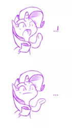 Size: 650x1156 | Tagged: safe, artist:raridashdoodles, derpibooru import, edit, rarity, pony, ..., :o, :t, bust, can't argue with that, cropped, cute, exclamation point, female, frown, meme, monochrome, open mouth, raised hoof, raribetes, reaction image, simple background, solo, underhoof, white background, wide eyes