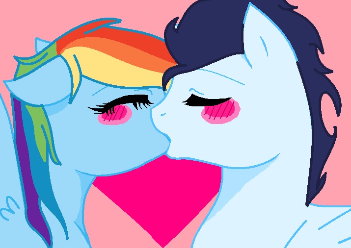 Size: 715x506 | Tagged: safe, artist:rainbows-in-reality, derpibooru import, rainbow dash, soarin', pony, blushing, female, kissing, male, shipping, soarindash, straight