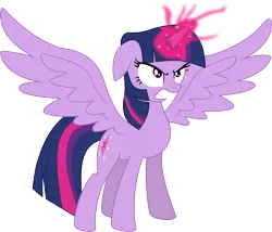 Size: 6453x5536 | Tagged: safe, artist:thedarknimbus, derpibooru import, twilight sparkle, twilight sparkle (alicorn), alicorn, pony, twilight's kingdom, absurd resolution, angry, female, floppy ears, gritted teeth, magic, mare, simple background, solo, spread wings, transparent background, vector, wings