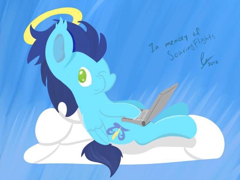 Size: 1032x774 | Tagged: safe, artist:phinpie, derpibooru import, soarin', pegasus, pony, computer, laptop computer, looking at you, male, one eye closed, sitting, solo, stallion, wink
