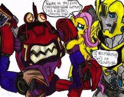 Size: 1010x792 | Tagged: artist:krytenmarkgen-0, bumblebee, clampdown, derpibooru import, fluttershy, safe, this will end in tears, transformers, transformers robots in disguise (2015)