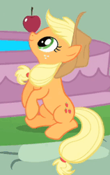 Size: 246x389 | Tagged: safe, derpibooru import, screencap, applejack, earth pony, pony, a bird in the hoof, animated, apple, applejack's hat, balancing, cowboy hat, cute, female, food, hat, jackabetes, mare, perfect loop, ponies balancing stuff on their nose, silly, silly pony, sitting, solo, that pony sure does love apples, who's a silly pony