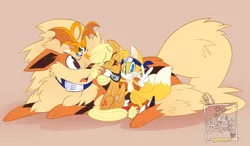 Size: 2073x1210 | Tagged: safe, artist:great9star, derpibooru import, applejack, arcanine, bandana, commission, crossover, cute, dust: an elysian tail, eyes closed, fidget (character), group, happy, hug, looking at you, miles "tails" prower, naruto, one eye closed, open mouth, pokémon, prone, sitting, smiling, sonic the hedgehog (series), tongue out, wat