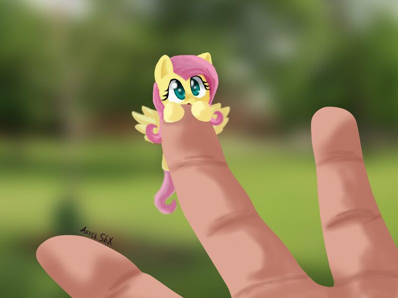 Size: 3000x2250 | Tagged: safe, artist:arielsbx, derpibooru import, fluttershy, human, pony, clinging, cute, hand, in goliath's palm, micro, shyabetes, solo, tiny, tiny ponies, weapons-grade cute