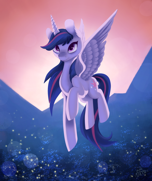 Size: 1624x1936 | Tagged: safe, artist:miss-cats, derpibooru import, twilight sparkle, twilight sparkle (alicorn), alicorn, firefly (insect), insect, pony, female, flying, mare, mountain, solo, sunrise, wingding eyes