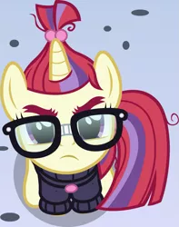 Size: 1141x1448 | Tagged: safe, artist:badumsquish, derpibooru import, part of a set, moondancer, pony, unicorn, angry, badumsquish is trying to murder us, badumsquish's kitties, cute, dancerbetes, female, frown, glare, glasses, looking at you, sitting, solo, unamused