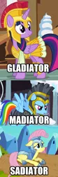 Size: 600x1818 | Tagged: safe, derpibooru import, edit, edited screencap, screencap, commander hurricane, fluttershy, rainbow dash, twilight sparkle, twilight sparkle (alicorn), alicorn, pony, hearth's warming eve (episode), scare master, the crystal empire, armor, athena sparkle, caption, clothes, costume, cropped, crystal guard armor, female, gladiator, jousting outfit, mare, pun, skirt