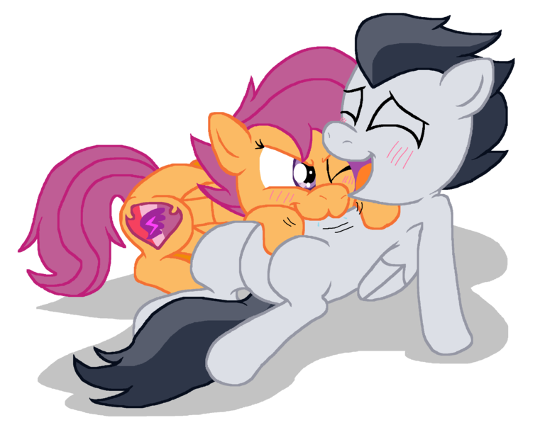 Size: 2496x1968 | Tagged: safe, artist:tagman007, derpibooru import, rumble, scootaloo, pegasus, pony, colt, cutie mark, female, filly, male, raspberry, rumbloo, shipping, straight, the cmc's cutie marks, tickling, tongue out, tummy buzz