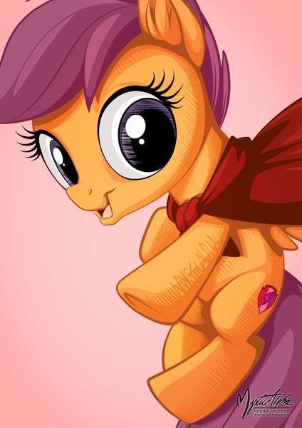 Size: 955x1351 | Tagged: artist:mysticalpha, cape, clothes, cmc cape, cutie mark, derpibooru import, looking at you, open mouth, safe, scootaloo, solo, the cmc's cutie marks, underhoof