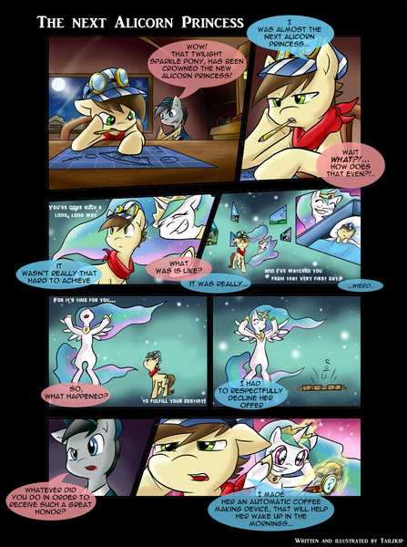 Size: 992x1333 | Tagged: artist:tailzkipzigona, coffee, coffee machine, comic, conductor, coronation, derpibooru import, food, oc, princess celestia, princess celestia's special princess making dimension, safe