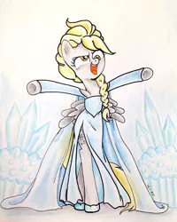 Size: 900x1123 | Tagged: safe, artist:oriwhitedeer, derpibooru import, edit, derpy hooves, pegasus, pony, bipedal, elsa, frozen (movie), ice, let it go, solo, traditional art, watermark