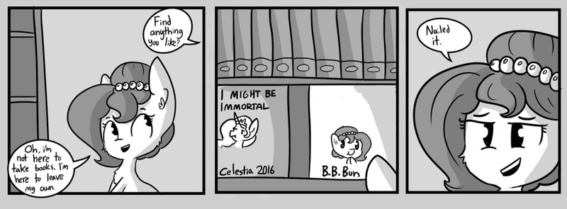 Size: 1037x382 | Tagged: safe, artist:tjpones, derpibooru import, edit, princess celestia, oc, oc:brownie bun, book, brownie's book, grayscale, library, monochrome, template