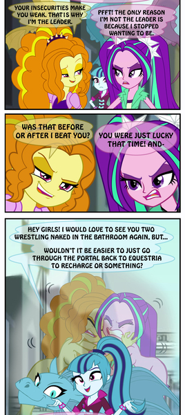 Size: 949x2121 | Tagged: suggestive, artist:ponymaan, derpibooru import, adagio dazzle, aria blaze, sonata dusk, siren, comic:by skywalker's hand, comic:lyra-lyra's bizarre adventure, equestria girls, friendship games, rainbow rocks, adaria, comic, dazzling, female, fight, jewelry, lesbian, necklace, nude wrestling, nudity, shipping, sports, stand, strategically covered, wrestling