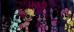 Size: 1006x443 | Tagged: animatronic, applejack, applejack (male), artist:pacificglow183, black sclera, bonnie, bowtie, bubble berry, bubblini davinci berry, butterscotch, chica, chicashy, crossover, derpibooru import, dusk shine, five nights at freddy's, five nights at pinkie's, fluttershy, foxy, freddy fazbear, golden freddy, golden pinkie, grin, looking at you, open mouth, pinkamena diane pie, pinkie fazbear, pinkie pie, rainbow blitz, rainbow dash, rainbow foxy, raised hoof, rule 63, safe, sharp teeth, smiling, teeth, twibonnie, twilight sparkle, wide eyes