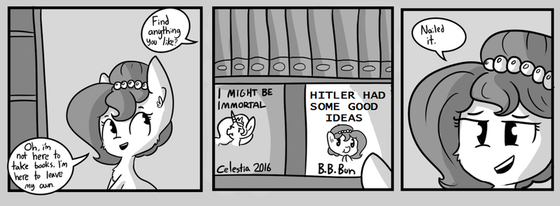 Size: 1037x382 | Tagged: safe, artist:tjpones, derpibooru import, edit, oc, oc:brownie bun, unofficial characters only, adolf hitler, bad idea, book, brownie's book, comic, crossing the line twice, grayscale, hitler did nothing wrong, meme, monochrome, this will end in pain, we are going to heil, we are going to hell