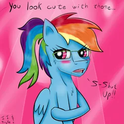 Size: 1889x1889 | Tagged: artist:jj-snake, blushing, cute, derpibooru import, glasses, i'm not cute, ponytail, rainbow dash, safe, solo, tsunderainbow, tsundere