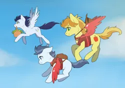 Size: 1280x902 | Tagged: safe, artist:sinclair2013, derpibooru import, braeburn, shady daze, soarin', earth pony, pegasus, pony, backpack, basket, clothes, cloud, colt, commission, fake wings, family, father, father and child, father and son, flying, gay, implied gay, magical gay spawn, male, offspring, parent:braeburn, parent:soarin', parents:soarburn, picnic basket, shipping, sky, soarburn, vest