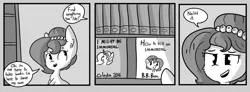 Size: 1280x471 | Tagged: safe, artist:tjpones, derpibooru import, edit, editor:yoshimon1, oc, oc:brownie bun, unofficial characters only, earth pony, pony, book, brownie's book, comic, grayscale, library, meme, monochrome