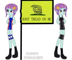 Size: 1800x1500 | Tagged: safe, artist:skulluigi, derpibooru import, sunny flare, equestria girls, friendship games, 1000 hours in ms paint, crossover, don't tread on me, gadsden flag, hands behind back, jack swagger, solo, sports, tea party, wrestling, wwe