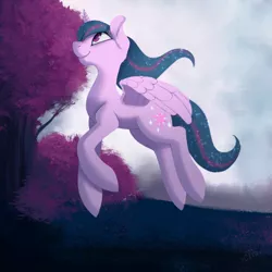 Size: 2000x2000 | Tagged: safe, artist:miss-cats, derpibooru import, twilight sparkle, twilight sparkle (alicorn), alicorn, pony, female, flying, looking up, mare, solo, tree