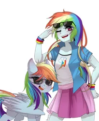 Size: 900x1100 | Tagged: safe, artist:yanshiki, derpibooru import, rainbow dash, pony, equestria girls, 20% cooler, clothes, cooler, human ponidox, jacket, open mouth, self ponidox, simple background, skirt, square crossover, sunglasses, white background
