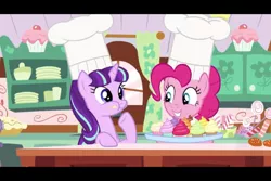 Size: 960x640 | Tagged: safe, derpibooru import, screencap, pinkie pie, starlight glimmer, earth pony, pony, unicorn, the cutie re-mark, candy, chef's hat, chewing, clothes, cupcake, cute, eating, female, food, glimmerbetes, hat, mare, s5 starlight, smiling, sugarcube corner