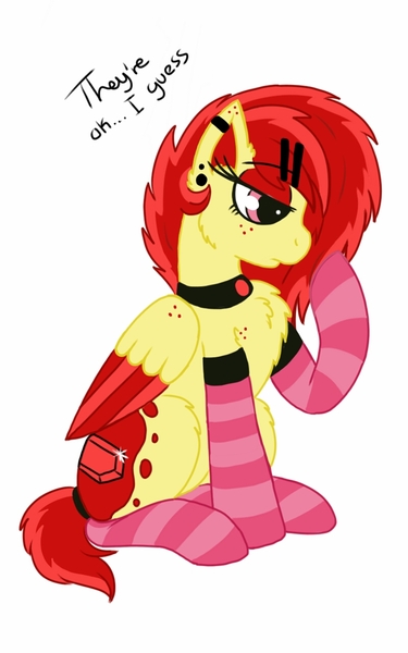 Size: 800x1280 | Tagged: artist:emz2015, chest fluff, clothes, derpibooru import, fluffy, oc, oc:ruby splash, q&a, safe, socks, solo, striped socks, unofficial characters only