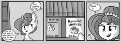 Size: 1280x470 | Tagged: safe, artist:tjpones, derpibooru import, edit, editor:dsp2003, oc, oc:brownie bun, unofficial characters only, fly, insect, brownie's book, comic, exploitable meme, fart joke, grayscale, library, meme, monochrome