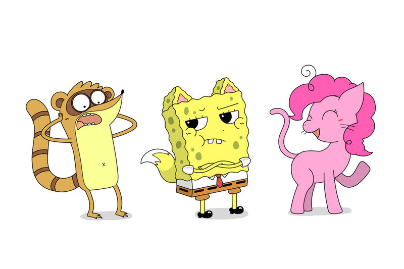 Size: 1095x730 | Tagged: safe, artist:peketope, derpibooru import, pinkie pie, oc, oc:cat, oc:fox, oc:tanuki, cat, fox, raccoon, tanooki, crossover, fox & tanuki, image, jpeg, regular show, rigby, simple background, spongebob squarepants, spongebob squarepants (character), transformation, what has science done, white background