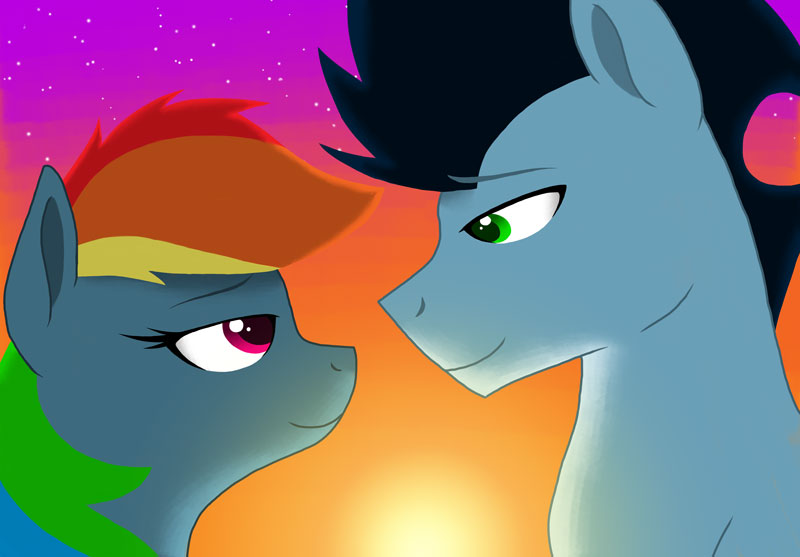 Size: 800x557 | Tagged: safe, artist:colourstrike, derpibooru import, rainbow dash, soarin', pony, eye contact, female, looking at each other, male, shipping, soarindash, straight, sunset