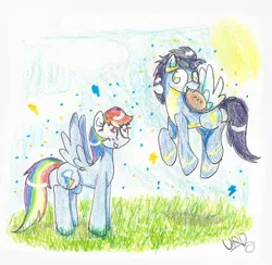 Size: 1024x998 | Tagged: dead source, safe, artist:ultrard, derpibooru import, rainbow dash, soarin', pony, blushing, colored pupils, female, food, male, pie, shipping, signature, soarindash, straight, traditional art