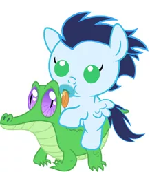 Size: 886x1017 | Tagged: safe, artist:red4567, derpibooru import, gummy, soarin', alligator, pony, baby, baby pony, cute, pacifier, ponies riding gators, recolor, riding, soarinbetes, weapons-grade cute